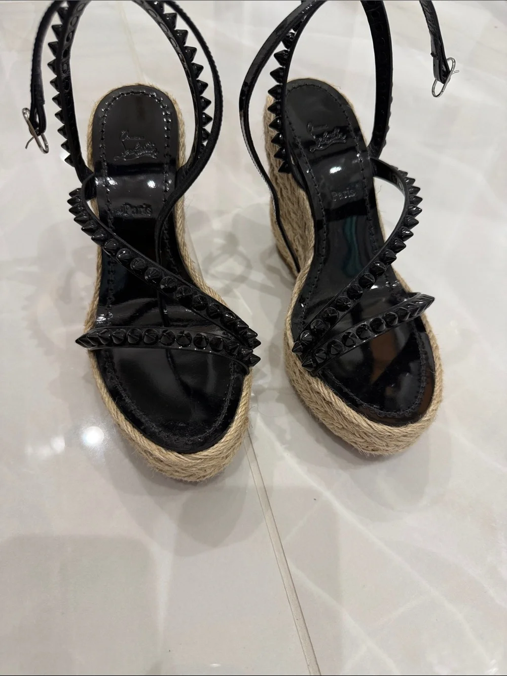 Christian Louboutin Black Patent Studded Espadrille Wedge Sandals